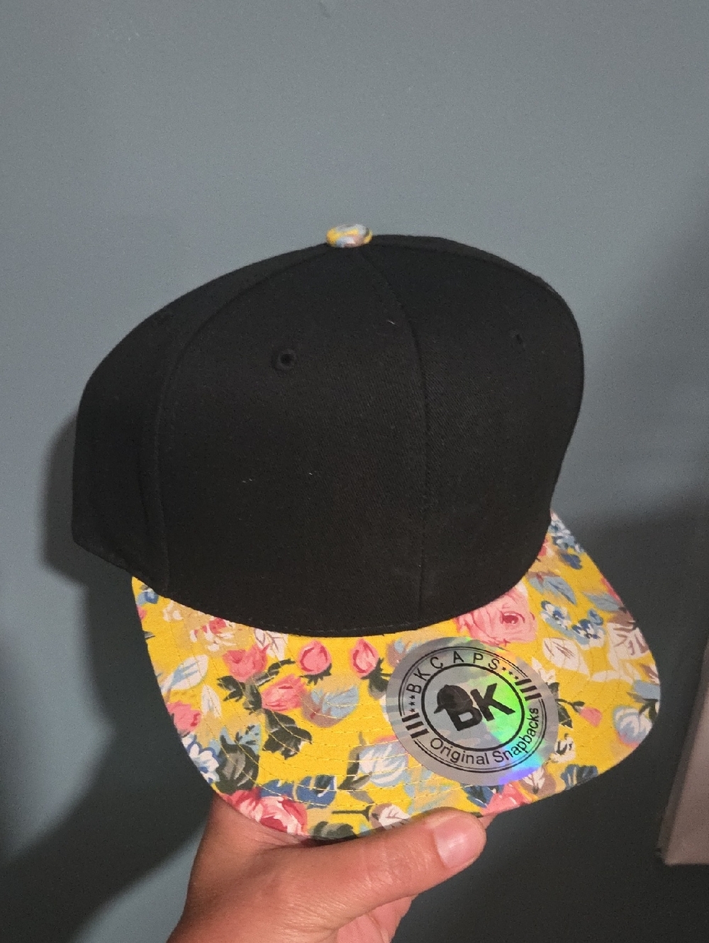 Floral Brim Snapback Cap - Black and Yellow